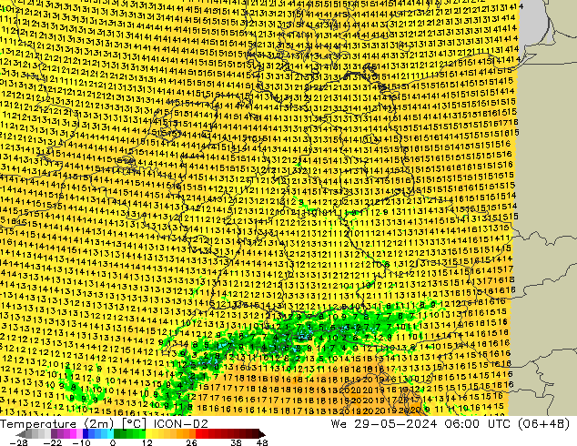 карта температуры ICON-D2 ср 29.05.2024 06 UTC