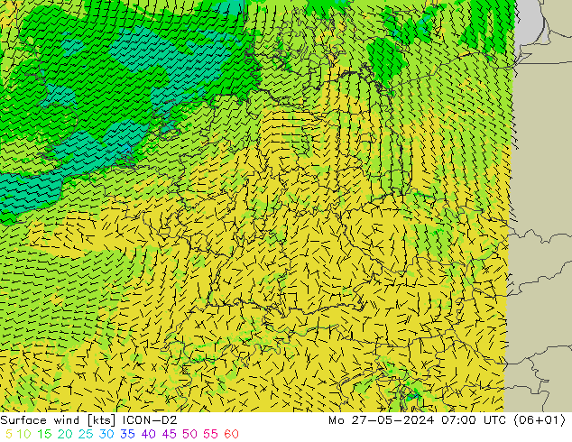 ветер 10 m ICON-D2 пн 27.05.2024 07 UTC