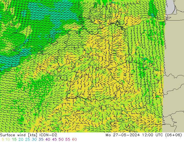 Surface wind ICON-D2 Mo 27.05.2024 12 UTC