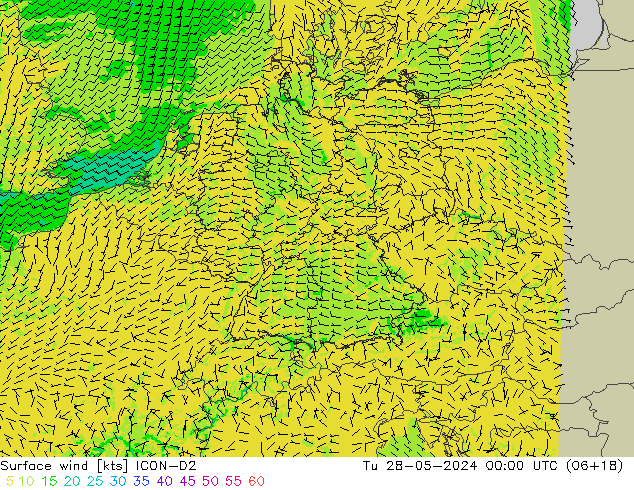 Wind 10 m ICON-D2 di 28.05.2024 00 UTC