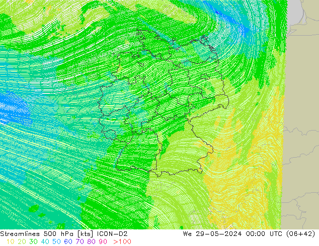 Streamlines 500 hPa ICON-D2 We 29.05.2024 00 UTC