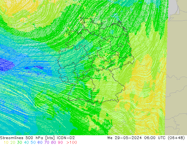 Linha de corrente 500 hPa ICON-D2 Qua 29.05.2024 06 UTC