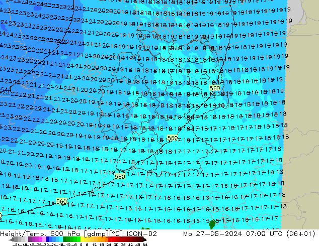 Height/Temp. 500 hPa ICON-D2 Mo 27.05.2024 07 UTC