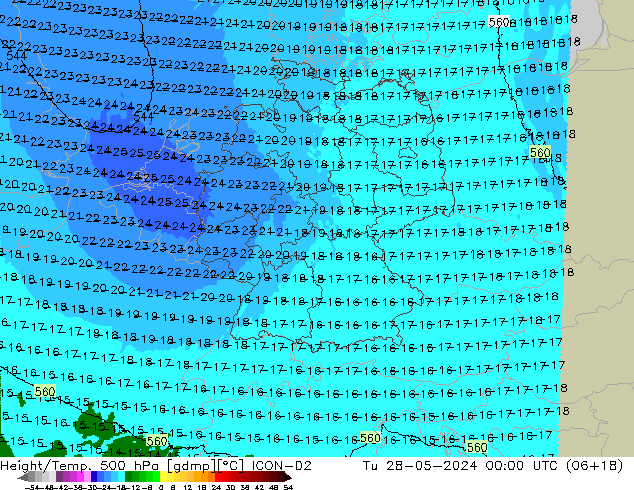 Height/Temp. 500 hPa ICON-D2 Út 28.05.2024 00 UTC