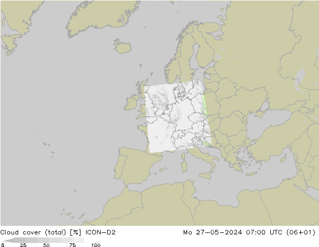 Nubes (total) ICON-D2 lun 27.05.2024 07 UTC