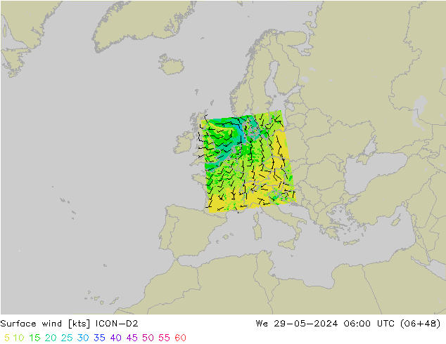 ветер 10 m ICON-D2 ср 29.05.2024 06 UTC
