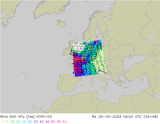 wiatr 500 hPa ICON-D2 śro. 29.05.2024 06 UTC