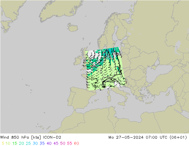 风 850 hPa ICON-D2 星期一 27.05.2024 07 UTC