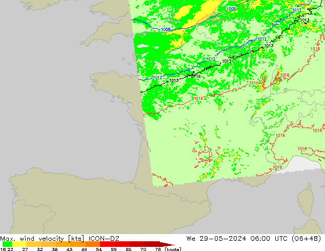 Max. wind velocity ICON-D2 mer 29.05.2024 06 UTC