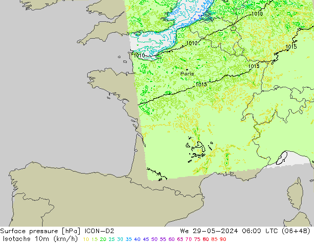 Isotachs (kph) ICON-D2 We 29.05.2024 06 UTC