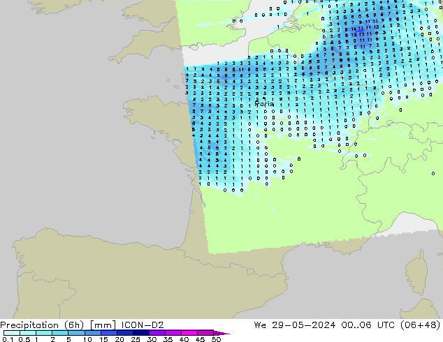 Précipitation (6h) ICON-D2 mer 29.05.2024 06 UTC