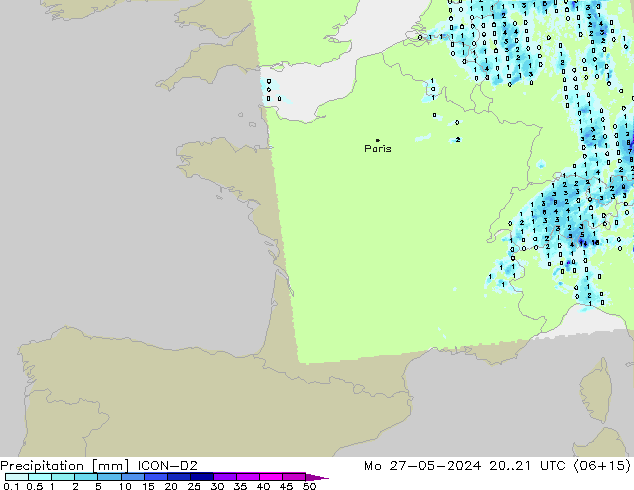 Precipitation ICON-D2 Mo 27.05.2024 21 UTC