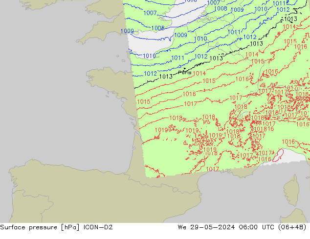 Atmosférický tlak ICON-D2 St 29.05.2024 06 UTC