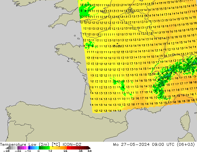 Темпер. мин. (2т) ICON-D2 пн 27.05.2024 09 UTC