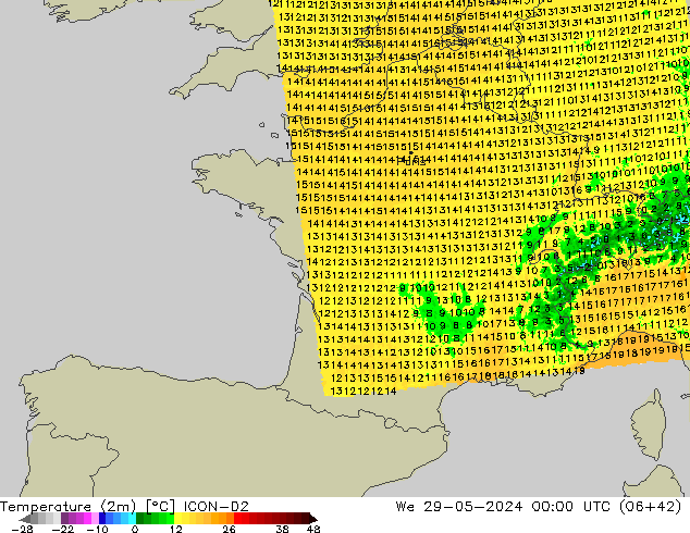 Temperature (2m) ICON-D2 We 29.05.2024 00 UTC