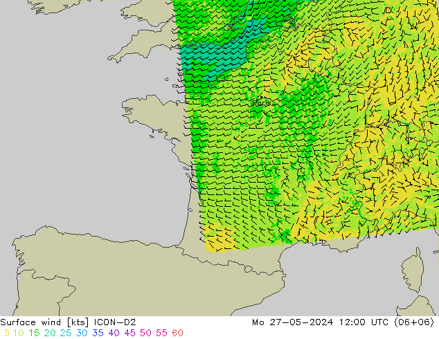 Rüzgar 10 m ICON-D2 Pzt 27.05.2024 12 UTC