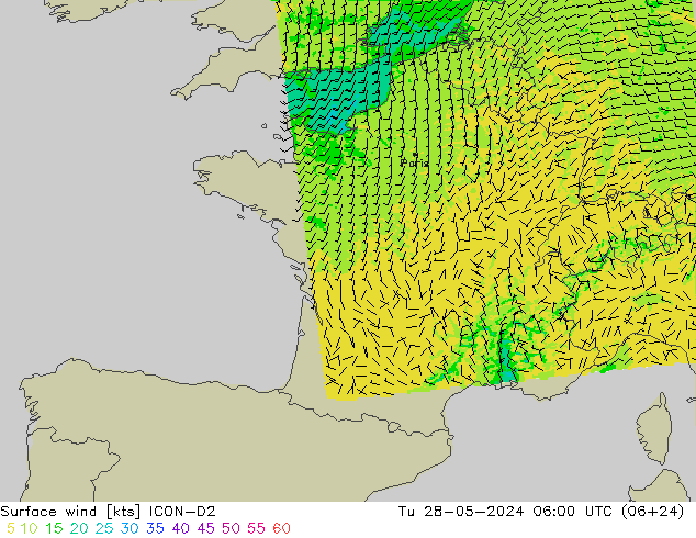 Surface wind ICON-D2 Tu 28.05.2024 06 UTC