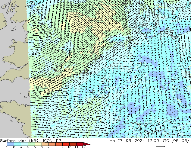 Viento 10 m (bft) ICON-D2 lun 27.05.2024 12 UTC