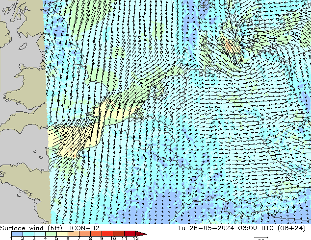 Surface wind (bft) ICON-D2 Út 28.05.2024 06 UTC