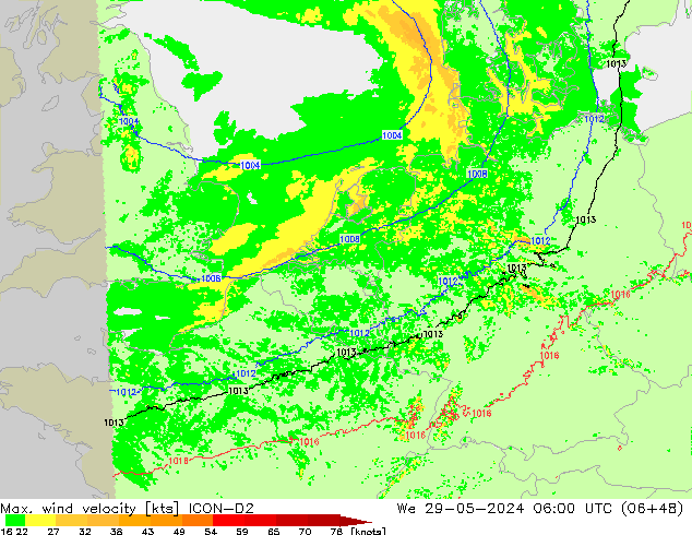 Max. wind snelheid ICON-D2 wo 29.05.2024 06 UTC