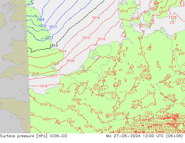 Surface pressure ICON-D2 Mo 27.05.2024 12 UTC