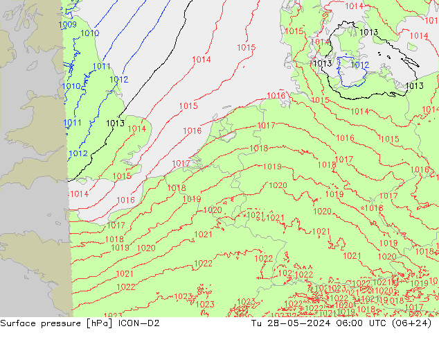 Surface pressure ICON-D2 Tu 28.05.2024 06 UTC