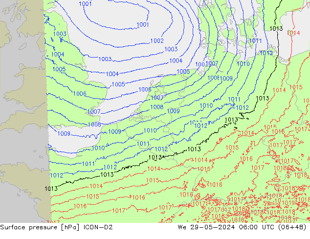 Surface pressure ICON-D2 We 29.05.2024 06 UTC