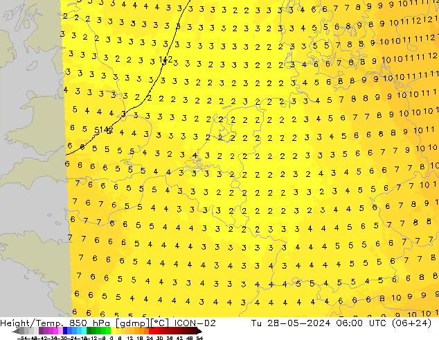 Height/Temp. 850 hPa ICON-D2 Ter 28.05.2024 06 UTC