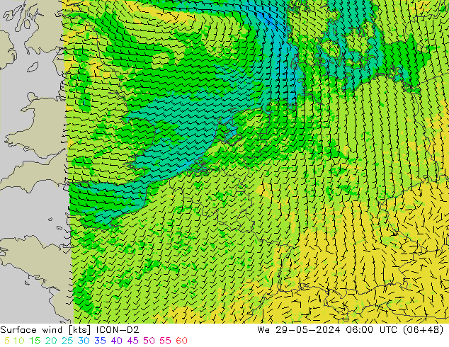 Viento 10 m ICON-D2 mié 29.05.2024 06 UTC