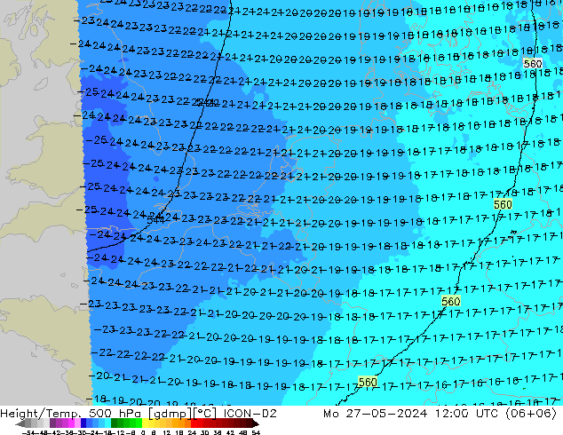 Height/Temp. 500 hPa ICON-D2 Mo 27.05.2024 12 UTC