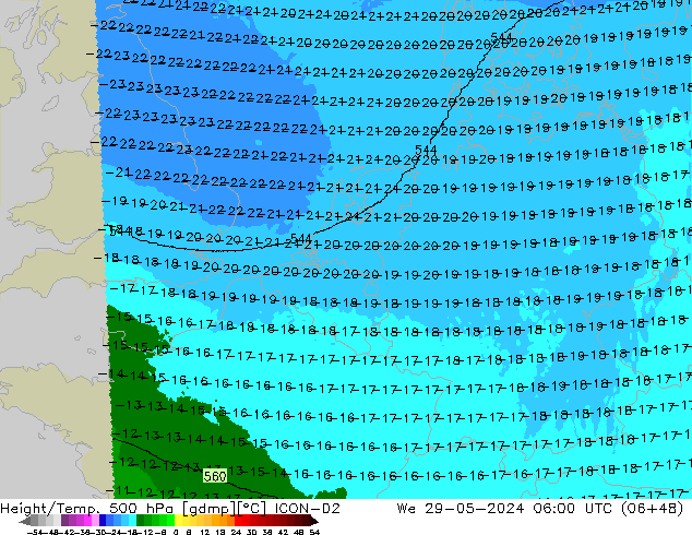 Height/Temp. 500 hPa ICON-D2 Mi 29.05.2024 06 UTC