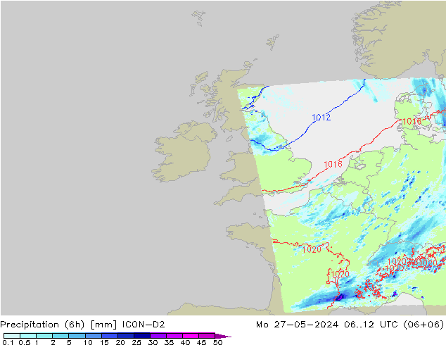 Precipitation (6h) ICON-D2 Mo 27.05.2024 12 UTC