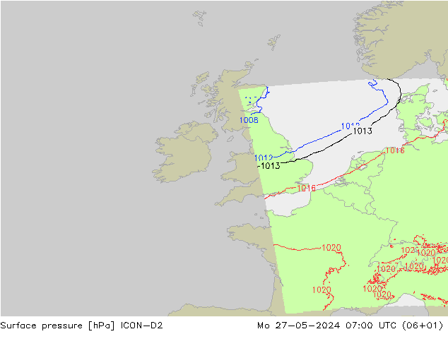 Surface pressure ICON-D2 Mo 27.05.2024 07 UTC