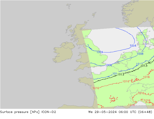 Presión superficial ICON-D2 mié 29.05.2024 06 UTC