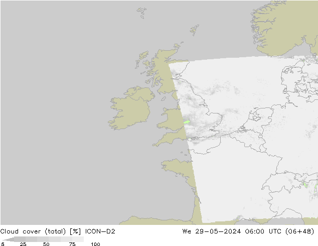 Cloud cover (total) ICON-D2 St 29.05.2024 06 UTC