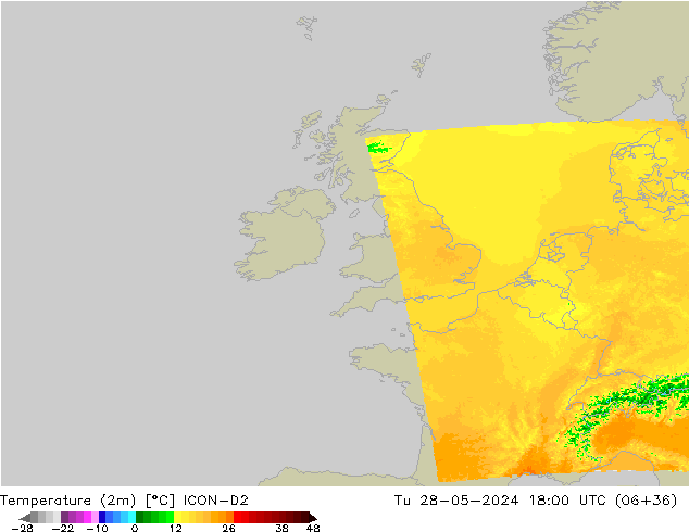 Temperatuurkaart (2m) ICON-D2 di 28.05.2024 18 UTC