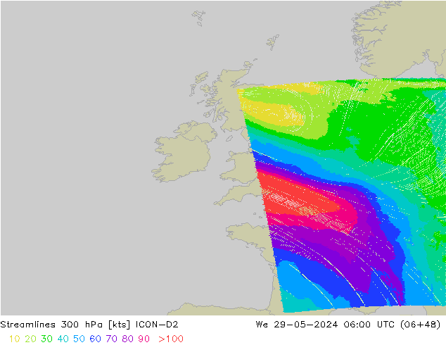 Ligne de courant 300 hPa ICON-D2 mer 29.05.2024 06 UTC