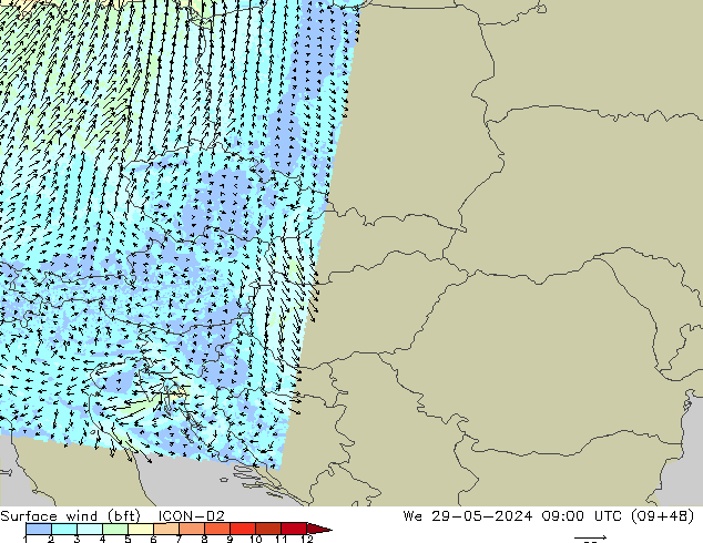 Vento 10 m (bft) ICON-D2 Qua 29.05.2024 09 UTC