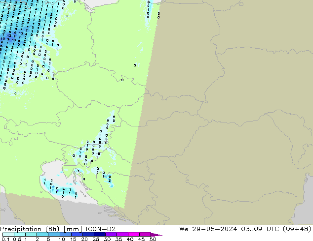 Precipitation (6h) ICON-D2 St 29.05.2024 09 UTC