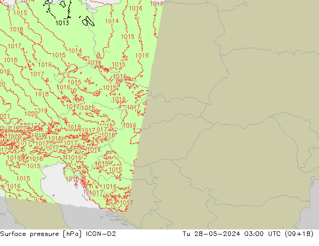 Atmosférický tlak ICON-D2 Út 28.05.2024 03 UTC