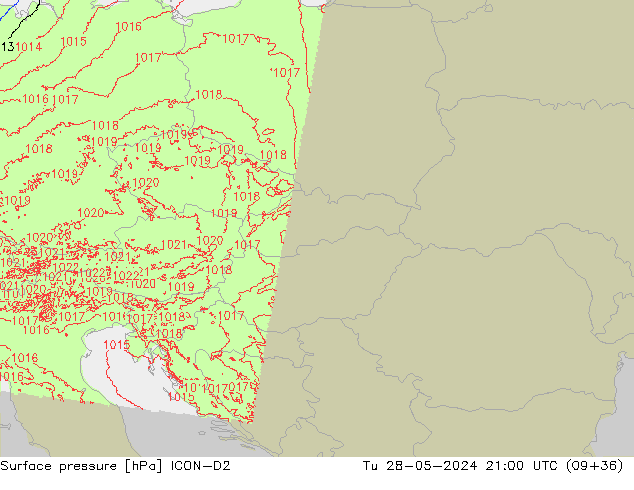 Atmosférický tlak ICON-D2 Út 28.05.2024 21 UTC