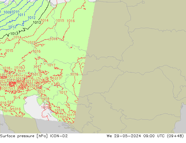 Pressione al suolo ICON-D2 mer 29.05.2024 09 UTC