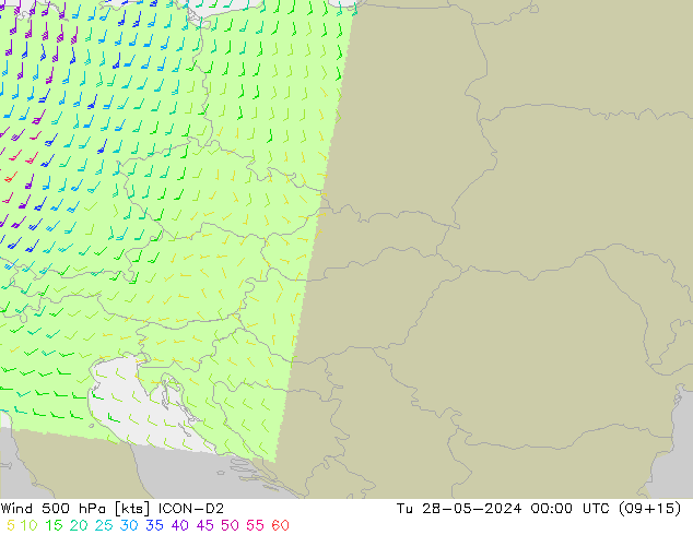 wiatr 500 hPa ICON-D2 wto. 28.05.2024 00 UTC