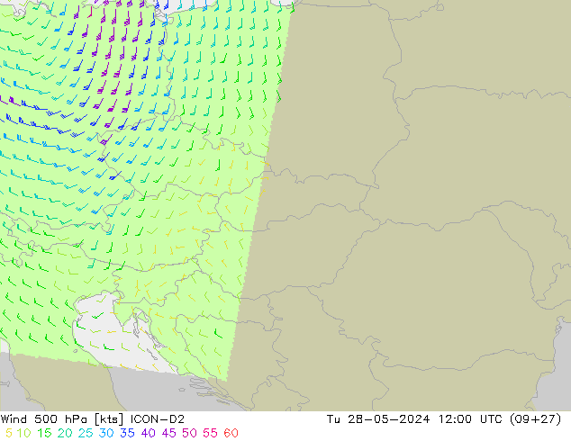 wiatr 500 hPa ICON-D2 wto. 28.05.2024 12 UTC