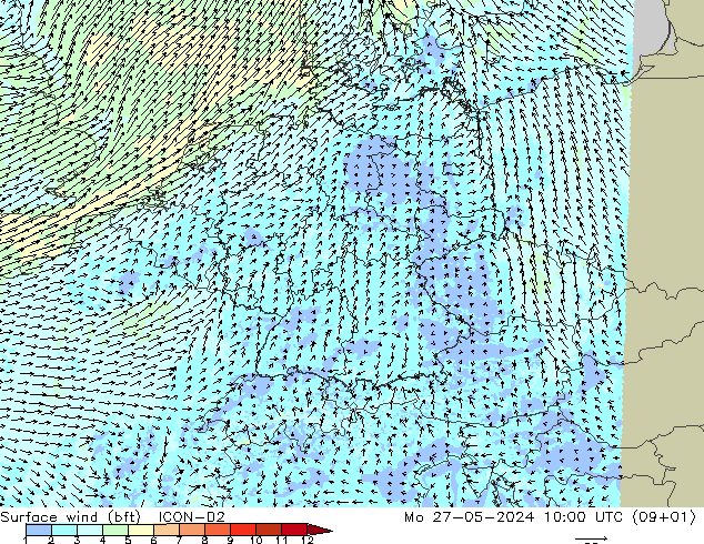 Surface wind (bft) ICON-D2 Mo 27.05.2024 10 UTC