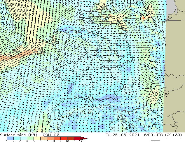 Wind 10 m (bft) ICON-D2 di 28.05.2024 15 UTC