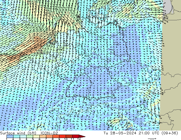 Surface wind (bft) ICON-D2 Út 28.05.2024 21 UTC
