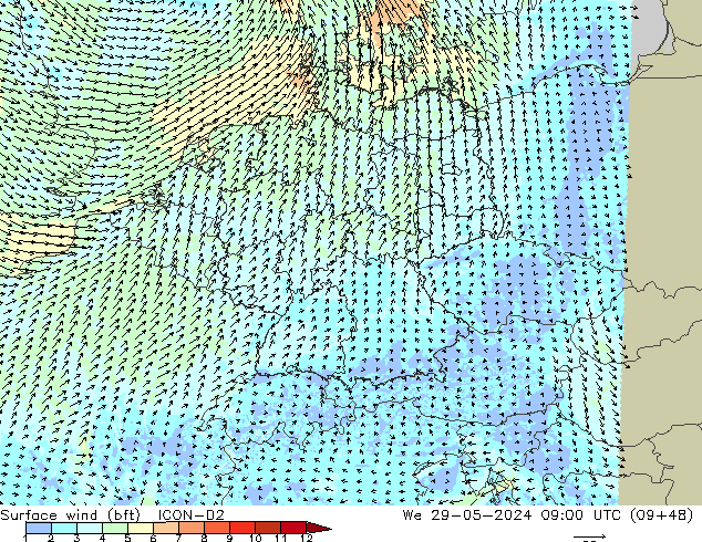 Surface wind (bft) ICON-D2 We 29.05.2024 09 UTC