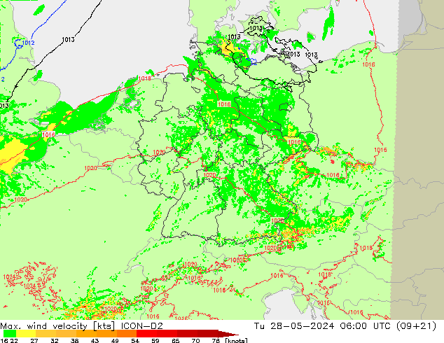 Max. wind velocity ICON-D2 Tu 28.05.2024 06 UTC