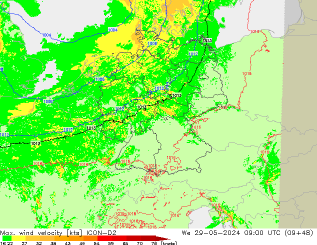 Max. wind velocity ICON-D2 mer 29.05.2024 09 UTC